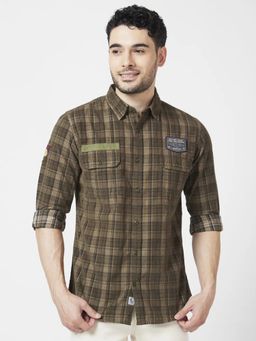 Spykar - Men Military Green Cotton Regular Slim Fit Full Sleeve Checks Shirt
