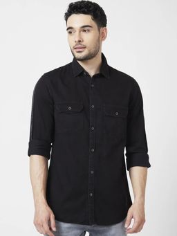 Spykar - Men Black Cotton Regular Slim Fit Full Sleeve Denim Shirt