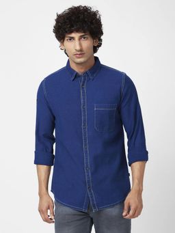 Spykar - Men Dark Blue Cotton Regular Slim Fit Full Sleeve Casual Denim Shirt
