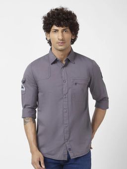 Spykar - Men Dark Grey Twill Regular Slim Fit Full Sleeve Denim Shirt