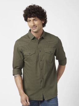 Spykar - Men Rifle Olive Twill Slim Fit Full Sleeve Denim Shirt