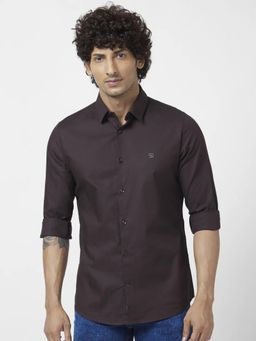 Spykar - Men Coffee Brown Dyed Regular Slim Fit Full Sleeve Plain Shirt