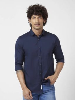 Spykar - Men Navy Blue Dyed Regular Slim Fit Full Sleeve Plain Shirt