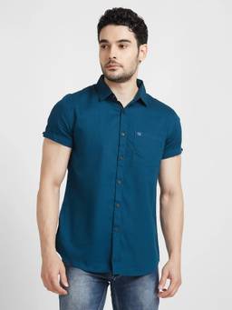 Spykar - Men Teal Dyed Regular Slim Fit Half Sleeve Plain Shirt