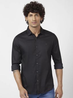 Spykar - Men Black Dyed Regular Slim Fit Full Sleeve Plain Shirt