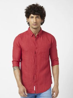 Spykar - Men Brick Red Linen Regular Slim Fit Full Sleeve Plain Shirt
