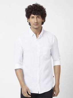 Spykar - Men White Linen Regular Slim Fit Full Sleeve Plain Shirt