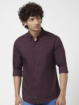 Spykar - Men Purple Dyed Regular Slim Fit Full Sleeve Plain Shirt