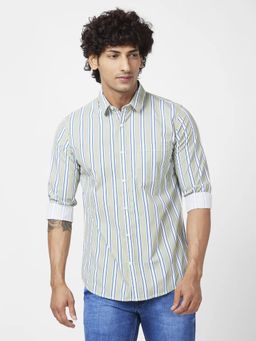 Spykar - Men Dusty Green Cotton Regular Slim Fit Full Sleeve Casual Striped Shirt