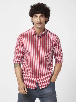 Spykar - Men Brick Red Poplin Regular Slim Fit Full Sleeve Casual Striped Shirt