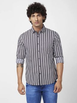 Spykar - Men Charcoal Poplin Regular Slim Fit Full Sleeve Casual Striped Shirt