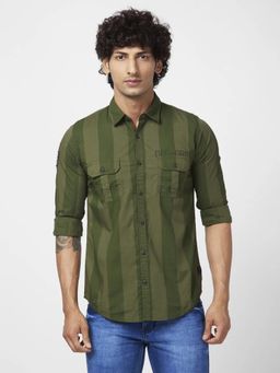 Spykar - Men Olive Green Cotton Regular Slim Fit Full Sleeve Casual Striped Shirt