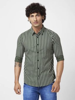 Spykar - Men Dark Green Cotton Regular Slim Fit Full Sleeve Casual Striped Shirt