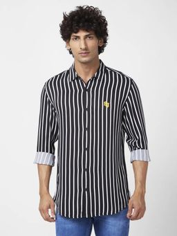 Spykar - Men Jet Black Viscose Slim Fit Full Sleeve Casual Striped Shirt
