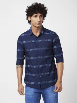 Spykar - Men Navy Blue Poplin Slim Fit Full Sleeve Casual Striped Shirt