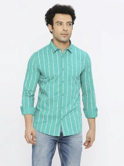 Spykar - Men Teal Poplin Regular Slim Fit Full Sleeve Striped Shirt