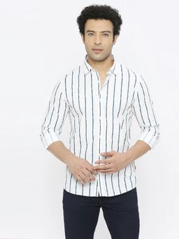 Spykar - Men White Poplin Regular Slim Fit Full Sleeve Striped Shirt