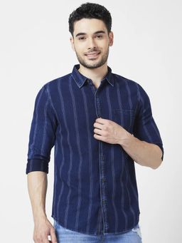 Spykar - Men Indigo Blue Cotton Slim Fit Full Sleeve Striped Shirt