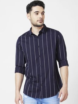 Spykar - Men Navy Blue Cotton Slim Fit Full Sleeve Striped Shirt