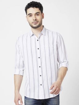 Spykar - Men White Cotton Slim Fit Full Sleeve Striped Shirt