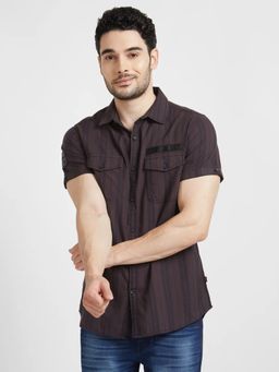 Spykar - Men Dark Grey Cotton Slim Fit Half Sleeve Denim Shirt