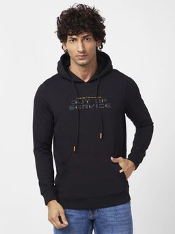 Spykar - Men Black Regular Fit Full Sleeve Hooded Printed Sweatshirt
