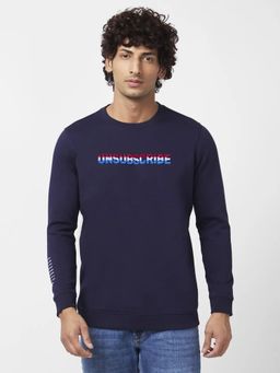 Spykar - Men Navy Blue Slim Fit Full Sleeve Round Neck Embroidered Sweatshirt