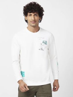 Spykar - Men Ecru Slim Fit Full Sleeve Round Neck Printed Sweatshirt
