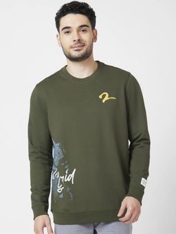 Spykar - Men Rifle Olive Slim Fit Full Sleeve Round Neck Printed Sweatshirt