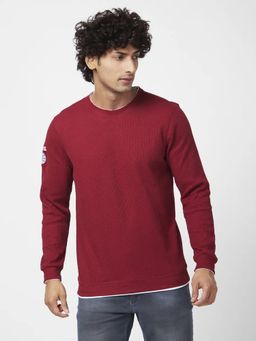 Spykar - Men Deep Red Slim Fit Full Sleeve Round Neck Textured Casual Sweatshirt