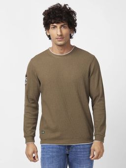 Spykar - Men Military Green Slim Fit Full Sleeve Round Neck Textured Sweatshirt