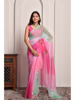 Sutra Attire - Multi-Colour Shaded Hand Embellished Chiffon Saree with Unstitched Blouse