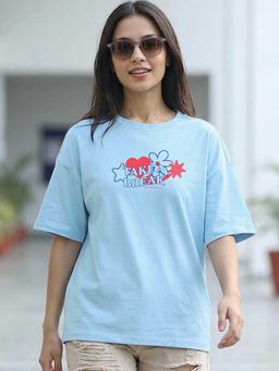 Bewakoof - Women's Clear Sky Blue Break Printed Oversized T-Shirt