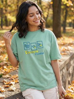 Bewakoof - Women's Iceberg Green Essentials Printed Oversized T-Shirt