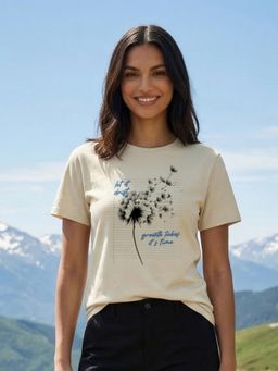 Nobero - Women Floral Print Beige T-Shirt