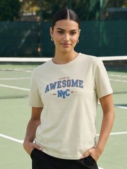 Nobero - Women Typography Print Beige T-Shirt