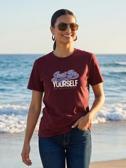 Nobero - Women Typography Print Maroon T-Shirt