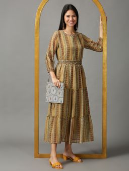 SHOWOFF - Womens Round Neck Midi Olive Bohemian Dress