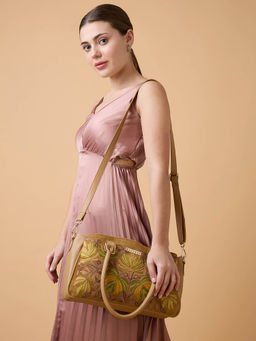 Caprese - Women Brown Siji Tresana Kashida Embroidery Satchel Bag with Detachable Strap (L)