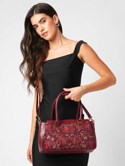 Caprese - Women Red Siji Tresana Kashida Embroidery Satchel Bag with Detachable Strap (L)