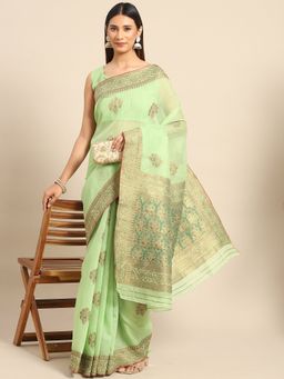 Akhilam - Womens Silk Blend Green Woven Design Designer Saree with Unstitched Blouse