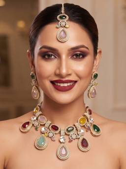 NUI - Women Multi-Color Stones Gold Plated Jewellery Set