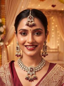 NUI - Women Red Stones Gold Plated Jewellery Set