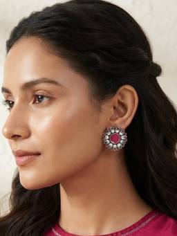 VENI - Women Red Stones Silver Plated Earrings