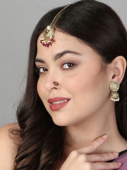 Adwitiya - Gold Plated Pearl Tessel Earrings, Maangtika & Nosepin