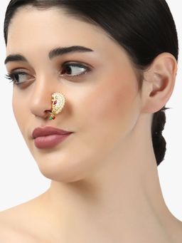 Adwitiya - 24 Ct Gold Plated Marathi Peacock Shaped Red Stone Studded Nose Pin with Pearls