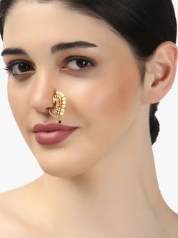 Adwitiya - 24 Ct Gold Plated Marathi Red Stone Studded Nose Pin with Pearls