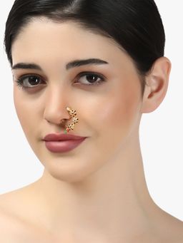 Adwitiya - 24 Ct Gold Plated Marathi Flower Shaped Red Stone Studded Nose Pin with Pearls