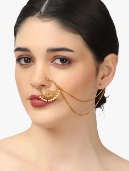Adwitiya - Women 24 Ct Gold Plated Stone Studded with Whit Pearls Chained Nose Ring