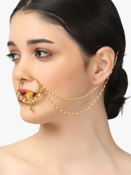Adwitiya - Women 24 Ct Gold Plated Stone Studded with Whit Pearls Chained Nose Ring